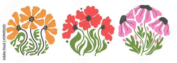 Obraz Groovy abstract flower set. Organic circle shapes in trendy naive retro hippie 60s 70s style.