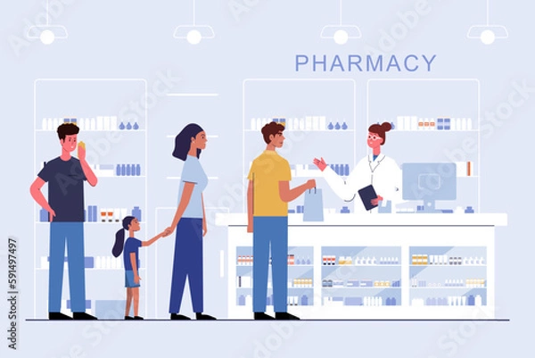 Fototapeta pharmacy with pharmacist and client in counter. drugstore cartoon character design vector illustration