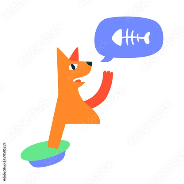 Fototapeta The impudent hungry red cat demands food. The cat is holding a bowl and asking for food. Speech bubble with fish skeleton. Hand drawn cartoon vector drawing. Domestic cat feeding, cat food.