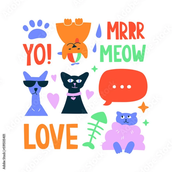 Fototapeta Bright vector collection with funny cats and doodles. Decorative abstract square banner with colorful designs. Hand drawn modern cartoon illustration with cats, lettering, abstract elements.