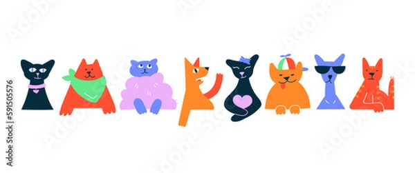Fototapeta Different funny domestic cats sit and look straight ahead. Horizontal banner template. Set of hand drawn cartoon flat vector illustration.