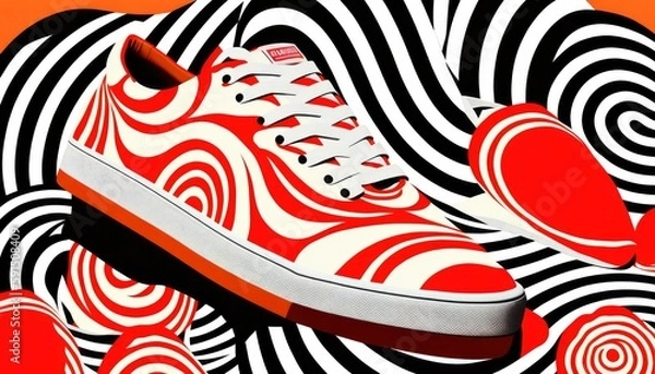 Fototapeta abstract illustration of a shoe sneakers design, vibrant strike colors with isolated background, single shoe lace, vintage vibe floaty creamy patterns flat fashion, generative ai