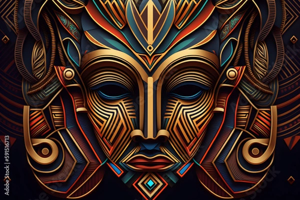 Obraz luxury Afrofuturism Mask Pattern ideal for backgrounds or decoration - African art - Golden - AI Technology	

