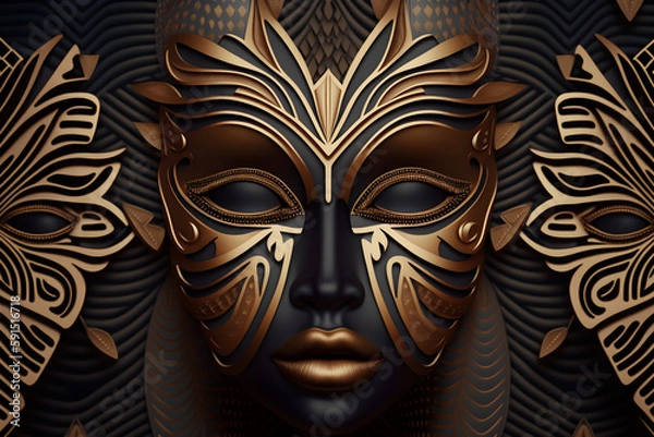 Obraz luxury Afrofuturism Mask Pattern ideal for backgrounds or decoration - African art - Golden - AI Technology	
