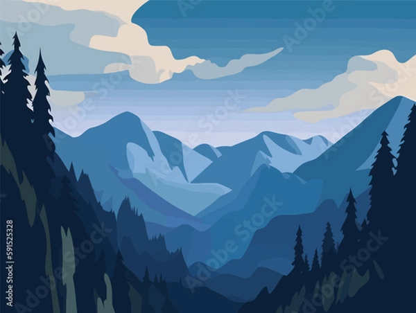 Fototapeta Blue Ridge Mountains: A Detailed Illustration of Trees and Peaks with Colorful Clouds"