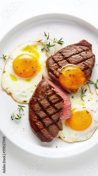 Fototapeta steak and eggs on a plate on a table, generative AI