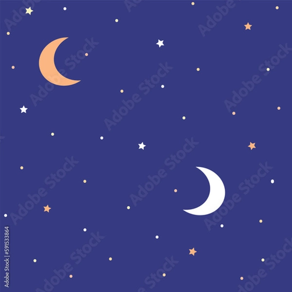 Fototapeta Vector abstract moon and stars on blue sky repeating pattern background.