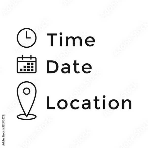 Fototapeta Date, time, location icon in flat style. Event message vector illustration on isolated background. Information sign business concept