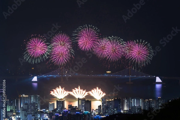 Fototapeta A fireworks event is being held in Gwangalli, Busan, in hopes of holding the 2030 Expo