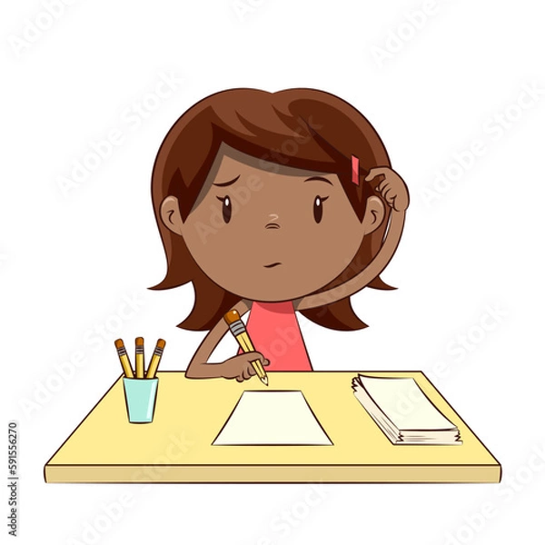 Fototapeta Little girl write, draw, scratching head