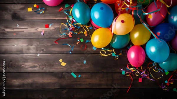Fototapeta Colorful Party Frame with ballon and confetti on a wooden board