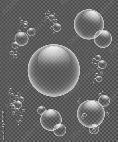 Obraz Transparent white water bubbles with reflection on transparent background isolated