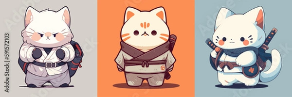 Fototapeta Flat color vector of cute cats samurai set collection