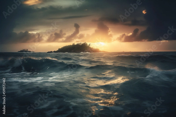 Fototapeta Sunset ocean landscape in storm with tropical island at the horizon, generative ai