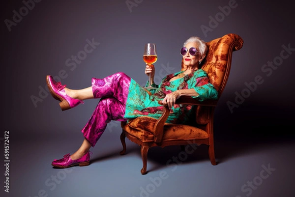 Fototapeta Funny old woman, chilling and relaxing in an armchair, drinking wine. Generative AI.