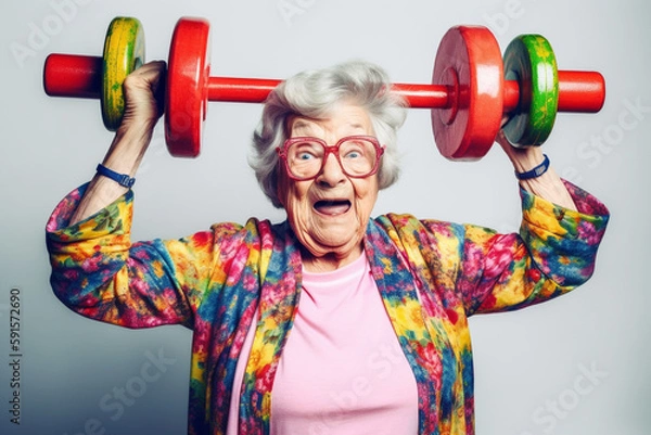 Fototapeta Funny old lady doing heavylifting. Generative AI