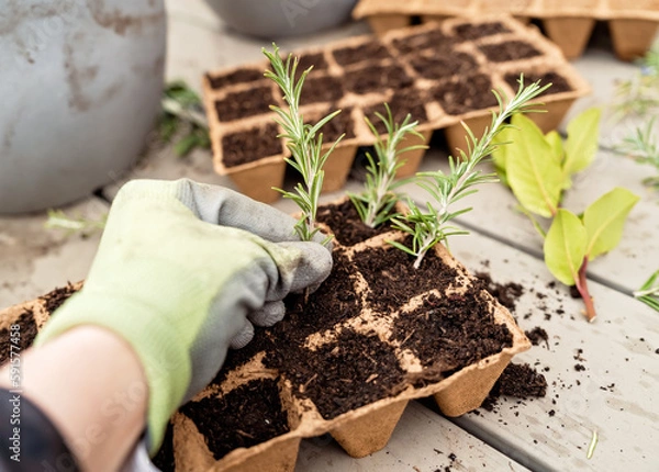 Fototapeta Propagating small rosemary cuttings plants in biodegradable peat moss pots tray. Zero waste, recycling and plastic free gardening concept. Eco sustainable lifestyle