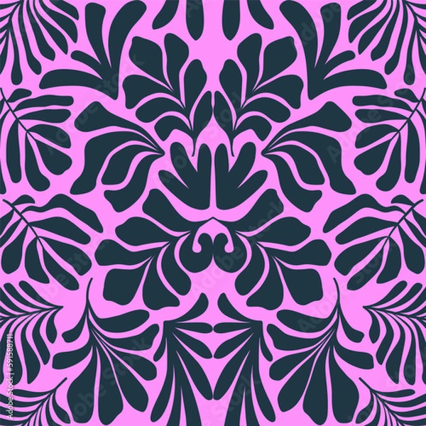 Obraz Purple pink abstract background with tropical palm leaves in Matisse style. Vector seamless pattern.