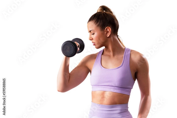 Obraz Fit young woman exercising with weights. Strong muscles, core and arms. PNG file with transparent background. 
