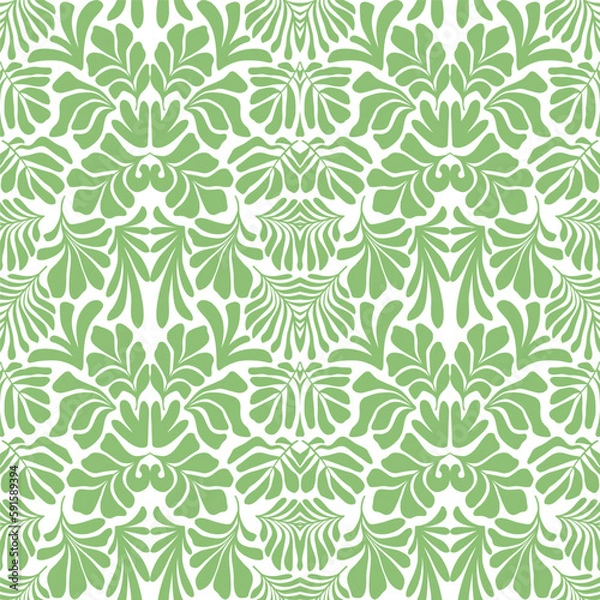 Fototapeta Green white abstract background with tropical palm leaves in Matisse style. Vector seamless pattern.