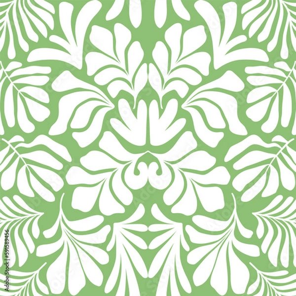 Fototapeta Green white abstract background with tropical palm leaves in Matisse style. Vector seamless pattern.