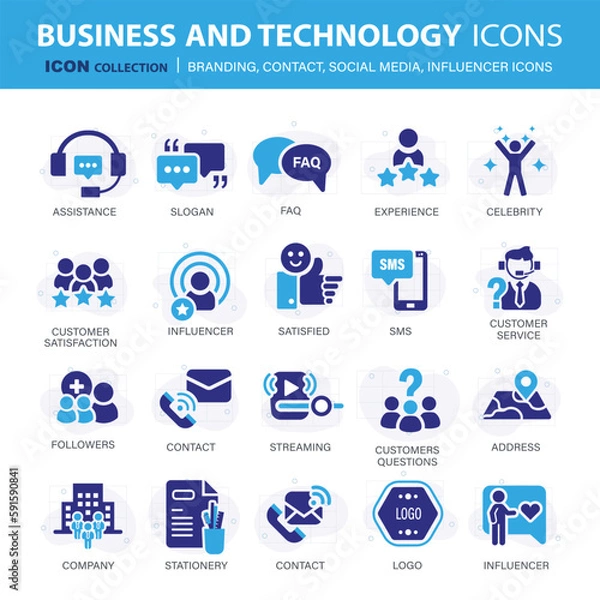 Fototapeta Customer service, branding, influencer, contact icon set. Contact us, follower, marketing, leadership, influence, content, community and customer icons. Support and satisfaction icon set. Vector set