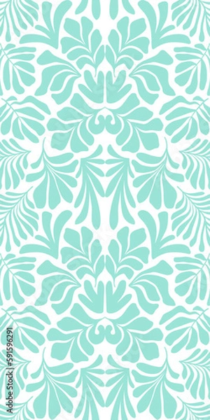 Fototapeta Turquoise white abstract background with tropical palm leaves in Matisse style. Vector seamless pattern.