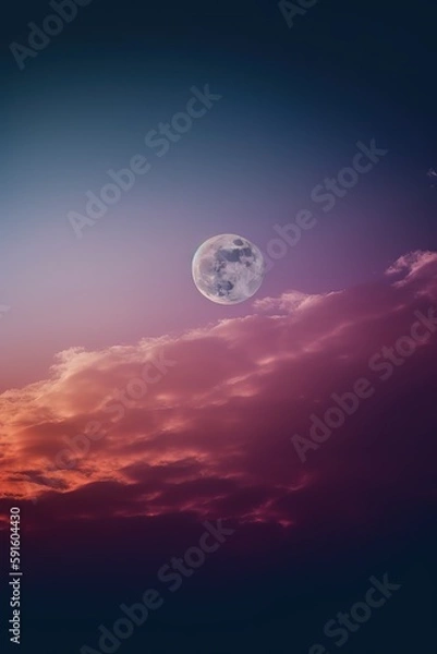 Fototapeta the moon shines over the treetops in a pink sky