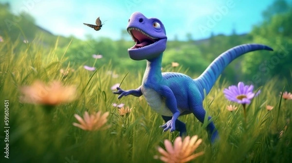 Fototapeta A playful, cute velociraptor chasing a fluttering butterfly through a vibrant Jurassic meadow, feeling curious and energetic in a pastel - colored illustration. 3d illustration. Generative ai.