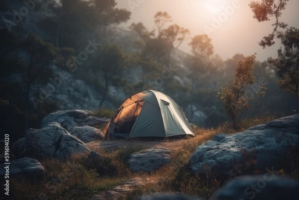 Fototapeta camping in the mountains created with Generative AI technology