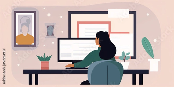 Fototapeta Illustration of Woman Working from Home Office. Generative ai