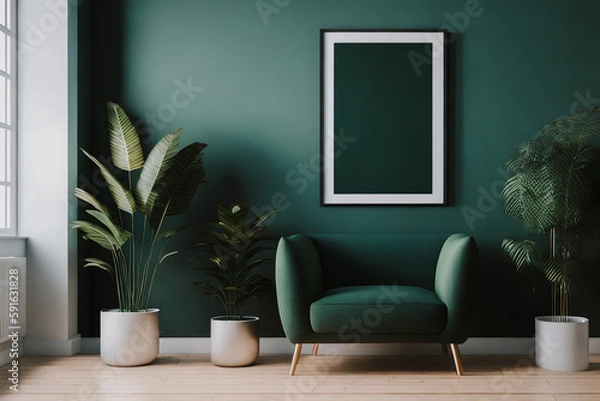 Fototapeta Green interior with armchair, plants, window and empty poster with mock up in frame. Generative AI.
