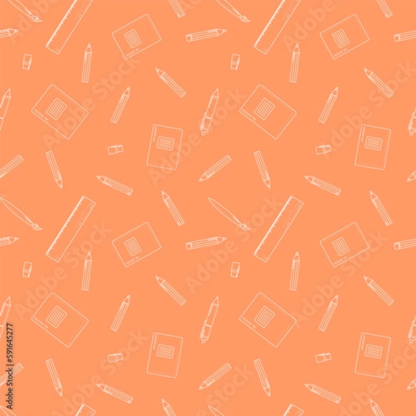 Fototapeta School supplies seamless pattern with line icons. Study tools orange background - pencil, pen, ruler, color pencils, notebook, vector illustration. Colored wallpaper for stationery sale brochure.