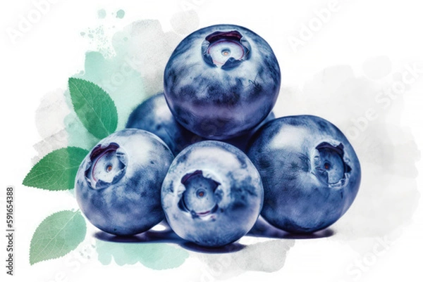 Fototapeta Blueberries on white background macro. Vintage printing style. Generative AI