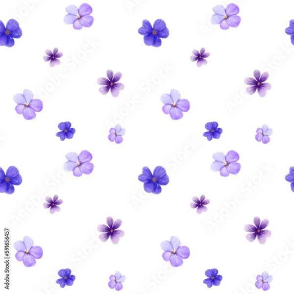 Fototapeta Seamless pattern with different purple violet flowers and leaves on a white background