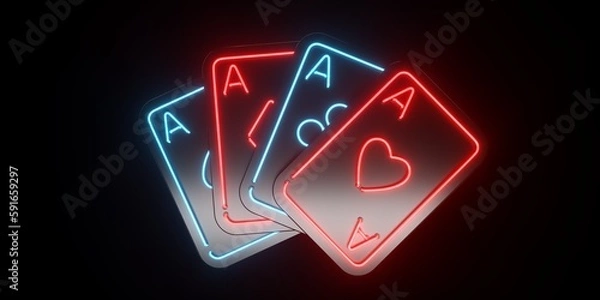 Fototapeta Nowoczesne, futurystyczne kasyno cztery asy grające z lśniącymi czerwonymi i niebieskimi neonowymi światłami na czarnym tle - ilustracja 3D
