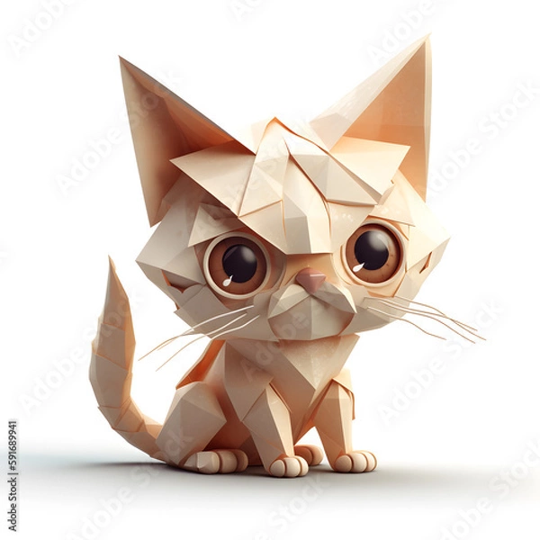 Fototapeta Origami Cat with big eyes, super cute, black and gold colors, white background, fantasy, hyper realistic