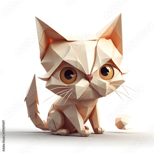 Fototapeta Origami Cat with big eyes, super cute, black and gold colors, white background, fantasy, hyper realistic