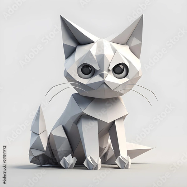 Fototapeta Origami Cat with big eyes, super cute, black and gold colors, white background, fantasy, hyper realistic