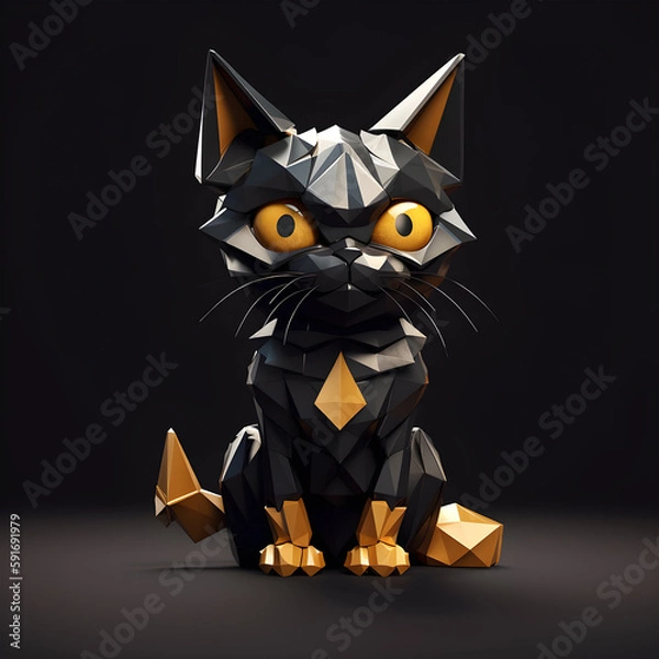 Fototapeta Origami Cat with big eyes, super cute, black and gold colors, white background, fantasy, hyper realistic
