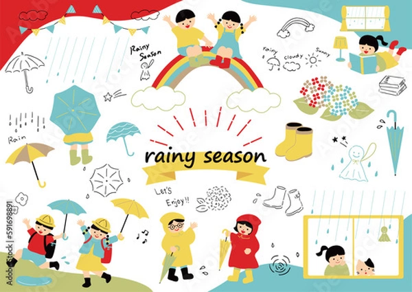 Fototapeta 梅雨を楽しむ子どもたち