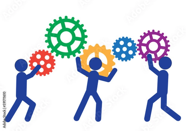Obraz Illustration of a group of people holding gears above their heads, symbolizing coordinated work and teamwork. Business-themed picture on a transparent background in high resolution