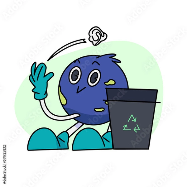 Fototapeta Vintage happy cute Earth planet character mascot is picking up trash and putting trash in recycle bin. Vector illustration