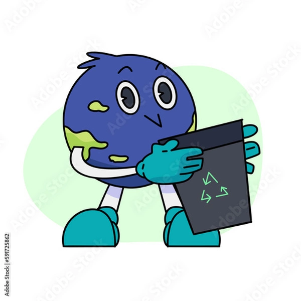 Fototapeta Vintage happy cute Earth planet character mascot is picking up trash and putting trash in recycle bin. Vector illustration