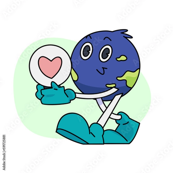 Fototapeta Vintage happy cute Earth planet character mascot is carrying a light bulb inside which is a heart symbol. Vector illustration