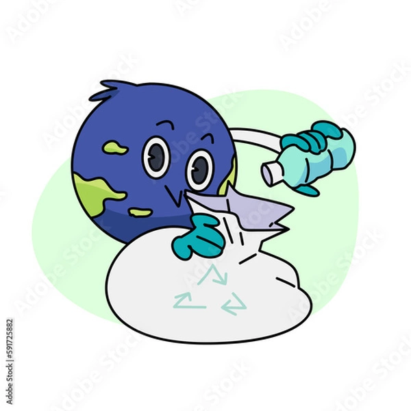 Fototapeta Vintage happy cute Earth planet character mascot is picking up trash and putting trash in recycle bin. Vector illustration
