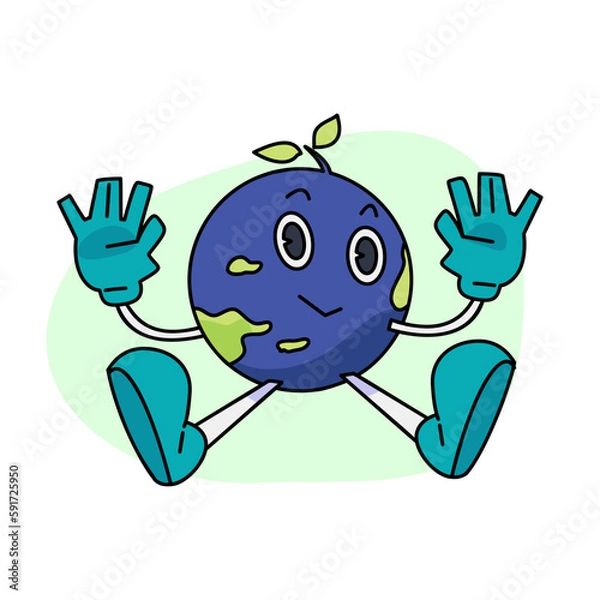 Fototapeta Vintage happy cute Earth planet character mascot flying, and growing plants on it. Vector illustration