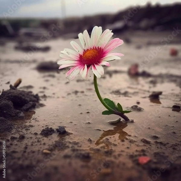 Fototapeta A beautiful flower without any branches growing in an empty, wet, muddy, rainy desert area where there is no signs of plant life, symbolizing resilience and strength in the face of obstacles.