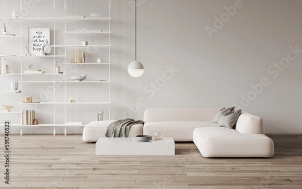 Fototapeta 3d rendering of modern living room with sofa and white coffe table, open shelf with decor and books, white decorative pillows. Wooden floor. Hanging round lamp