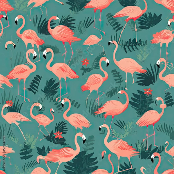 Fototapeta Cute cartoon flamingo bird seamless pattern watercolor style background. Generative ai.